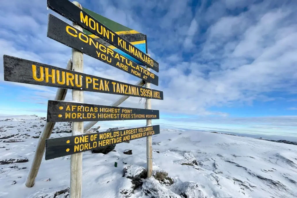 Uhuru Peak sign at sunrise